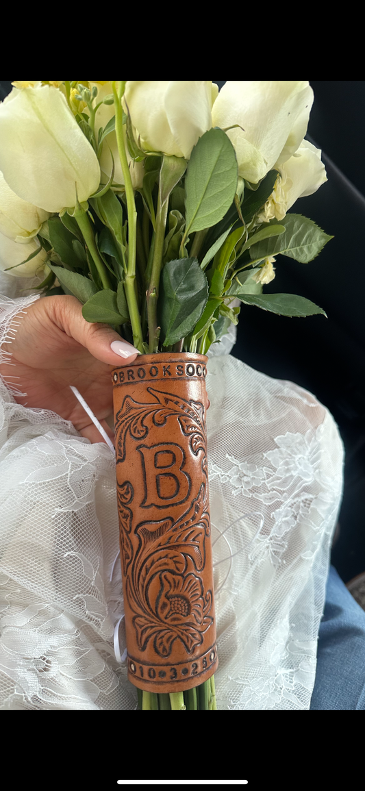 Custom Tooled Leather Wedding Bouquet Wrap